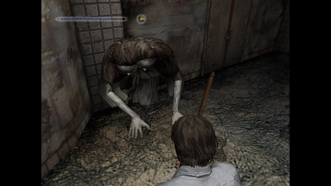 Over-the-shoulder view of Henry Townshend holding a pipe, facing two Twin Victims enemies stepping back in a dim, eerie room.