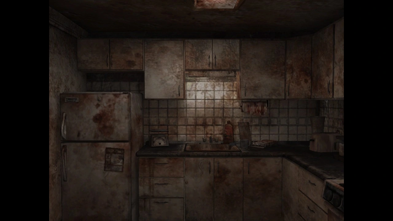 A rusted, blood-smeared kitchen from the game’s unsettling prologue.