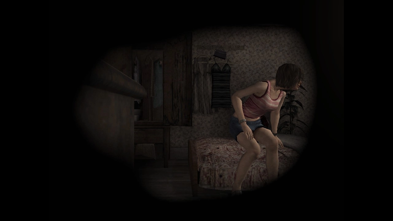 Henry peers through the apartment wall to watch Eileen in Silent Hill 4: The Room.