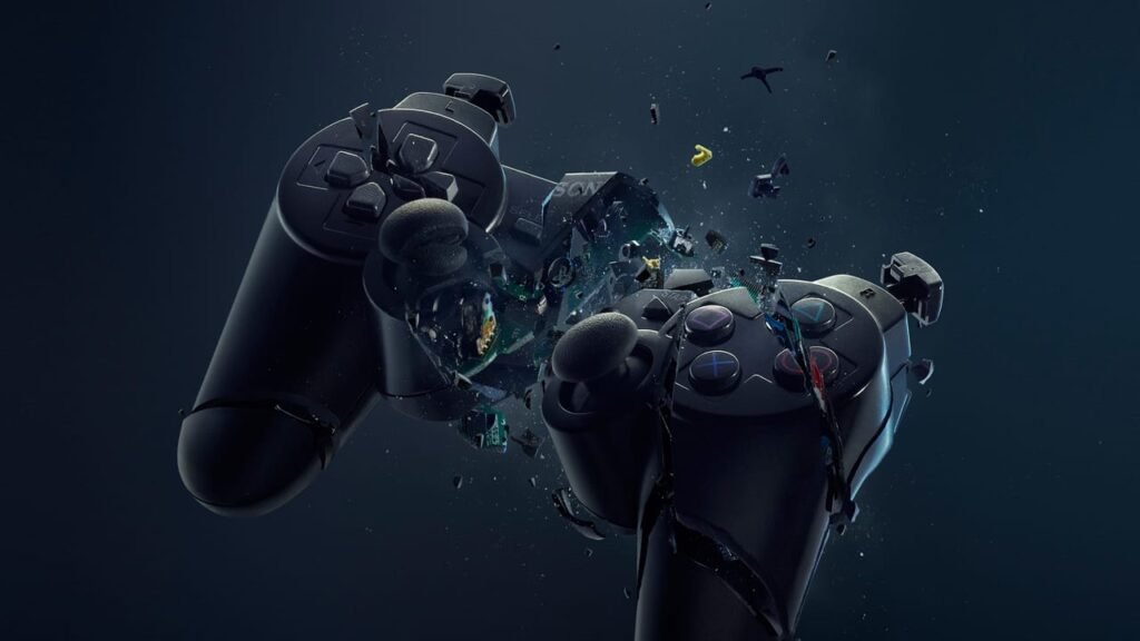 Shattered PlayStation controller suspended mid-air, breaking apart