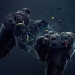 Shattered PlayStation controller suspended mid-air, breaking apart