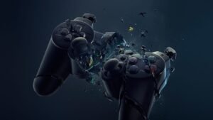 Shattered PlayStation controller suspended mid-air, breaking apart