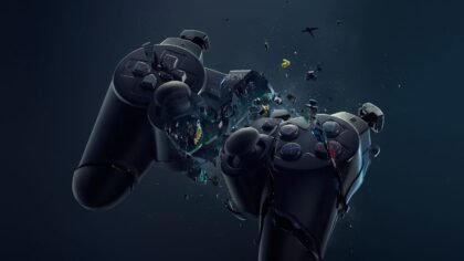 Shattered PlayStation controller suspended mid-air, breaking apart