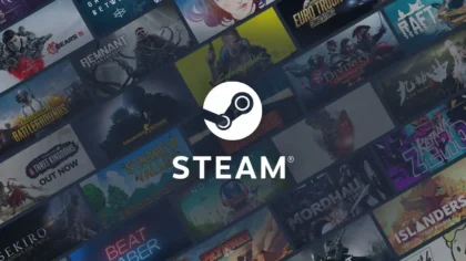Steam logo displayed over a collage of PC games on the Steam storefront