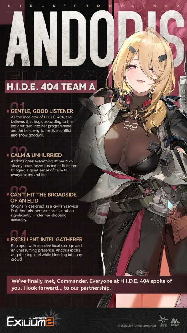 Detailed character profile for Andoris in our Belka and Andoris GFL2 guide highlighting her charge support traits.