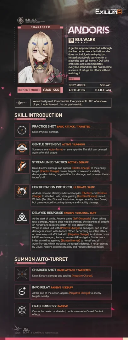 Technical skill breakdown for Andoris featuring auto-turrets and charge mechanics in the GFL2 guide.