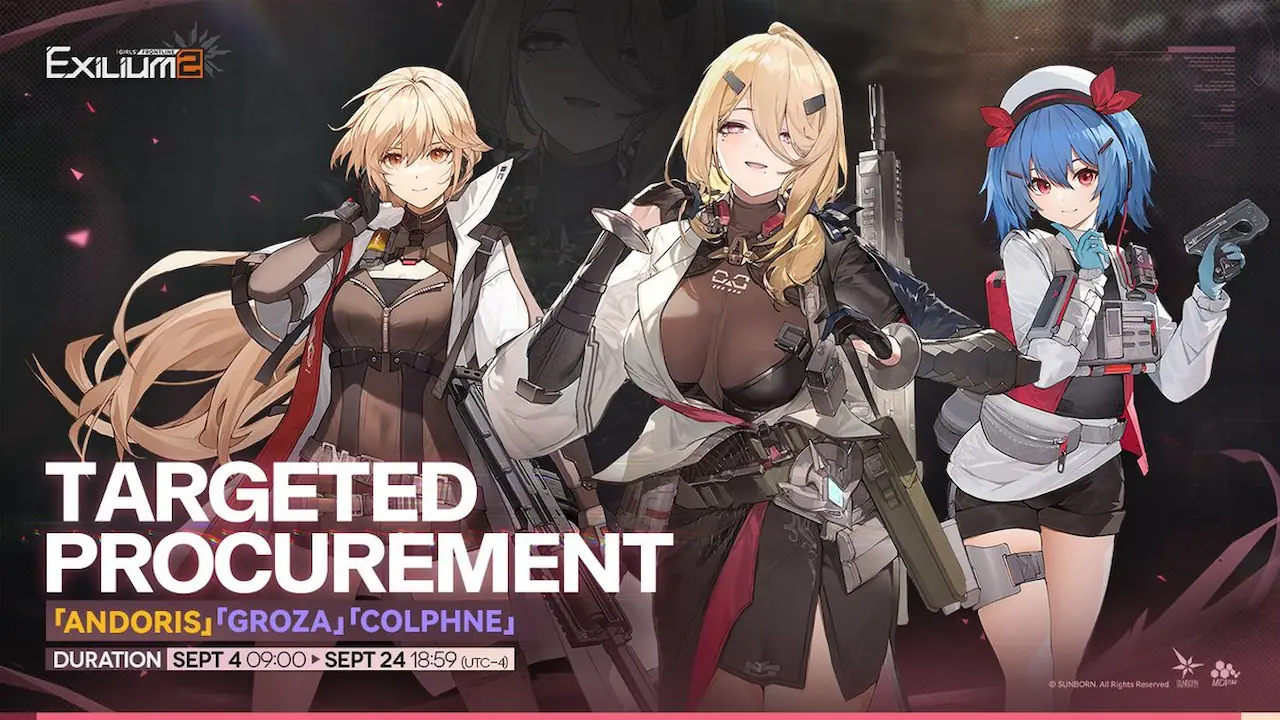 The official Targeted Procurement banner for Andoris, Groza, and Colphne featured in the Belka and Andoris GFL2 guide.