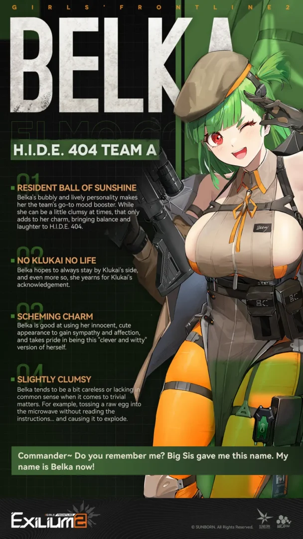 Detailed character profile for Belka in our Belka and Andoris GFL2 guide highlighting her HIDE 404 traits.