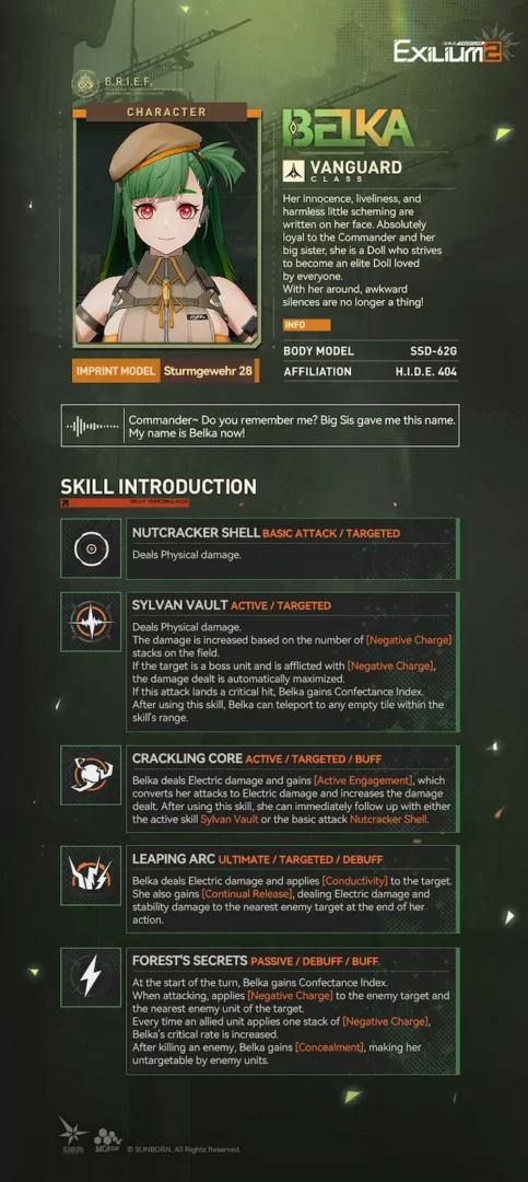 Technical skill breakdown for Belka featuring hit-and-run Electric damage in the GFL2 guide.