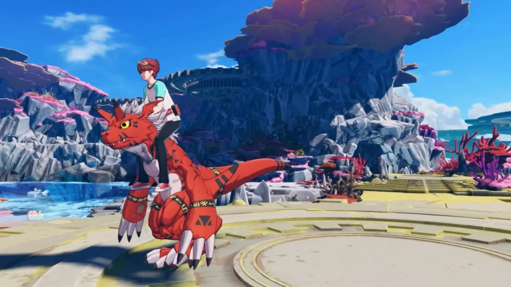 Screenshot from Digimon Story: Time Stranger showing player riding a Digimon