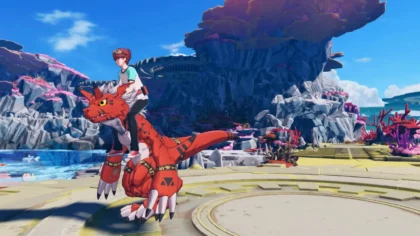Screenshot from Digimon Story: Time Stranger showing player riding a Digimon