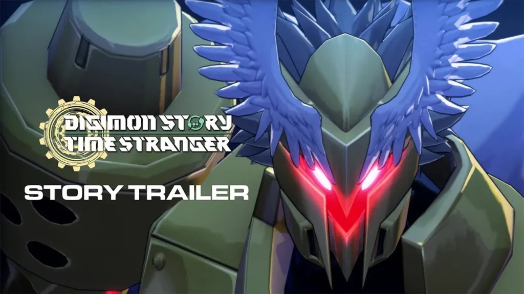 Digimon Story Time Stranger story trailer featuring a Digimon with glowing red eyes and blue wings.