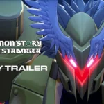 Digimon Story Time Stranger story trailer featuring a Digimon with glowing red eyes and blue wings.