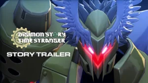 Digimon Story Time Stranger story trailer featuring a Digimon with glowing red eyes and blue wings.