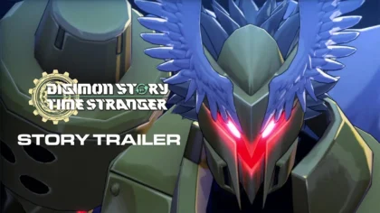 Digimon Story Time Stranger story trailer featuring a Digimon with glowing red eyes and blue wings.
