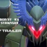 Digimon Story Time Stranger story trailer featuring a Digimon with glowing red eyes and blue wings.