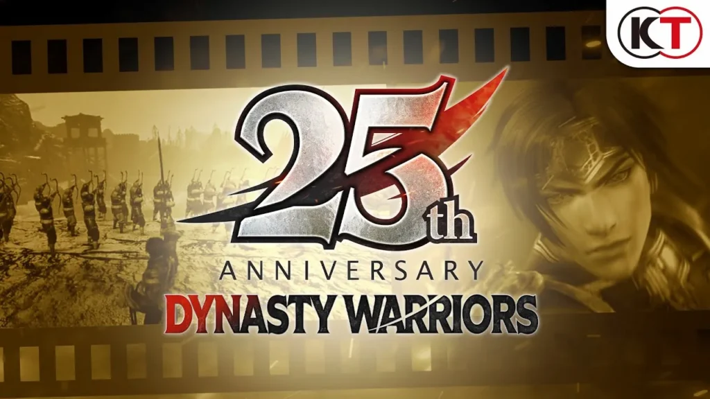 25th anniversary logo for Dynasty Warriors with a gold background