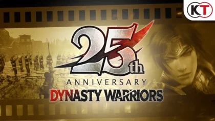 25th anniversary logo for Dynasty Warriors with a gold background