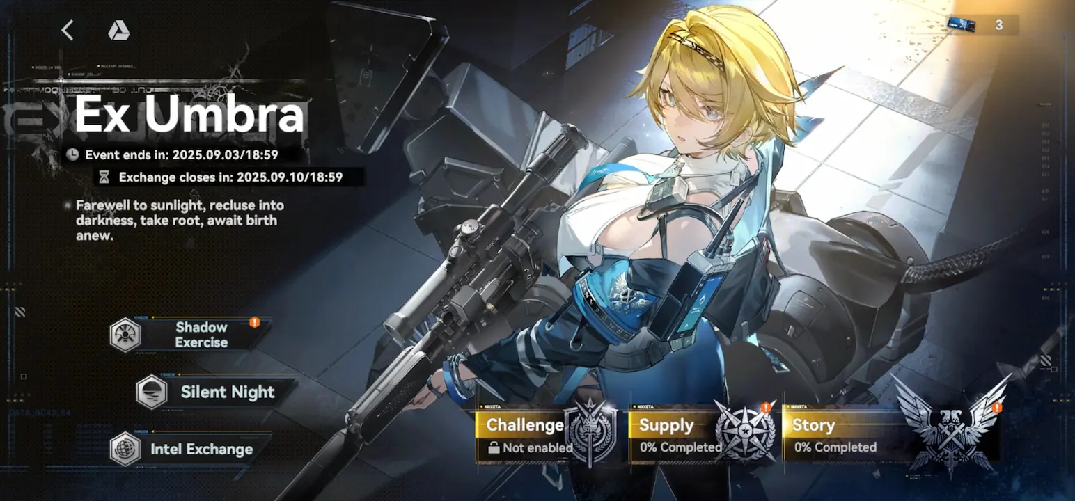 Girls’ Frontline 2 Ex Umbra event hub screen showing mission and shop options.