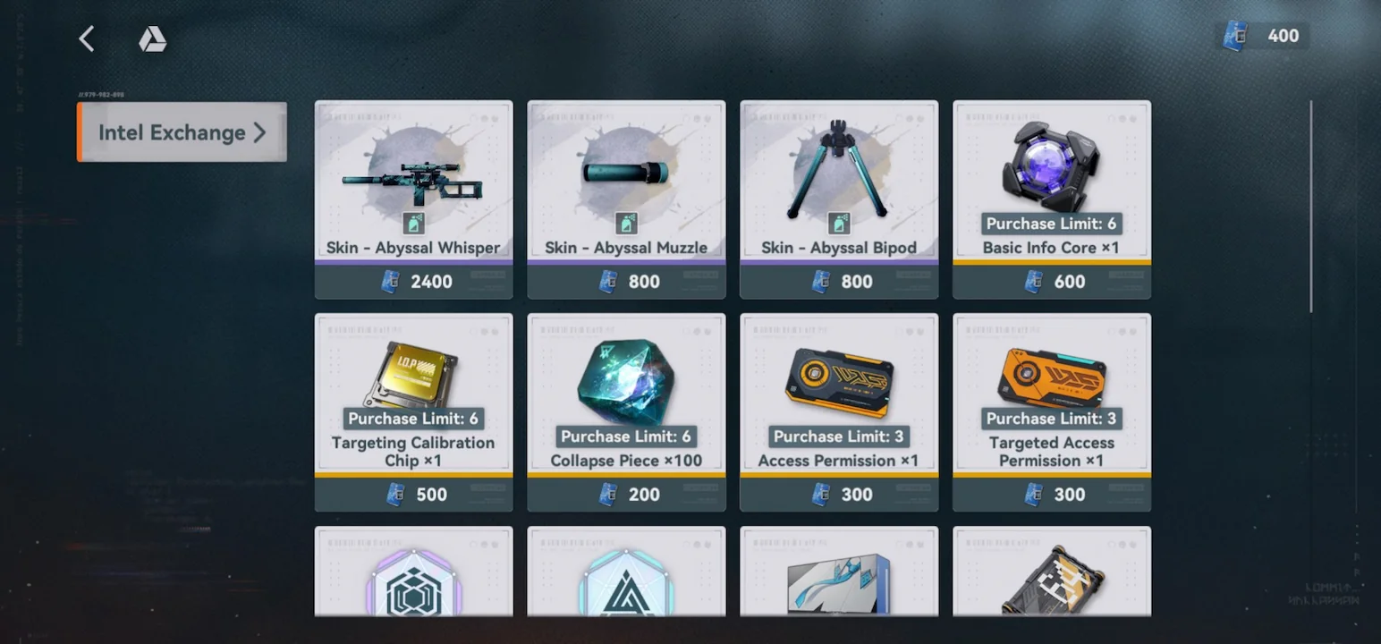 Intel Exchange event shop in Girls’ Frontline 2 Ex Umbra showing Abyssal Whisper skin, Meow-ptical Scope, Nyaser Aiming Device, and other high-priority rewards.