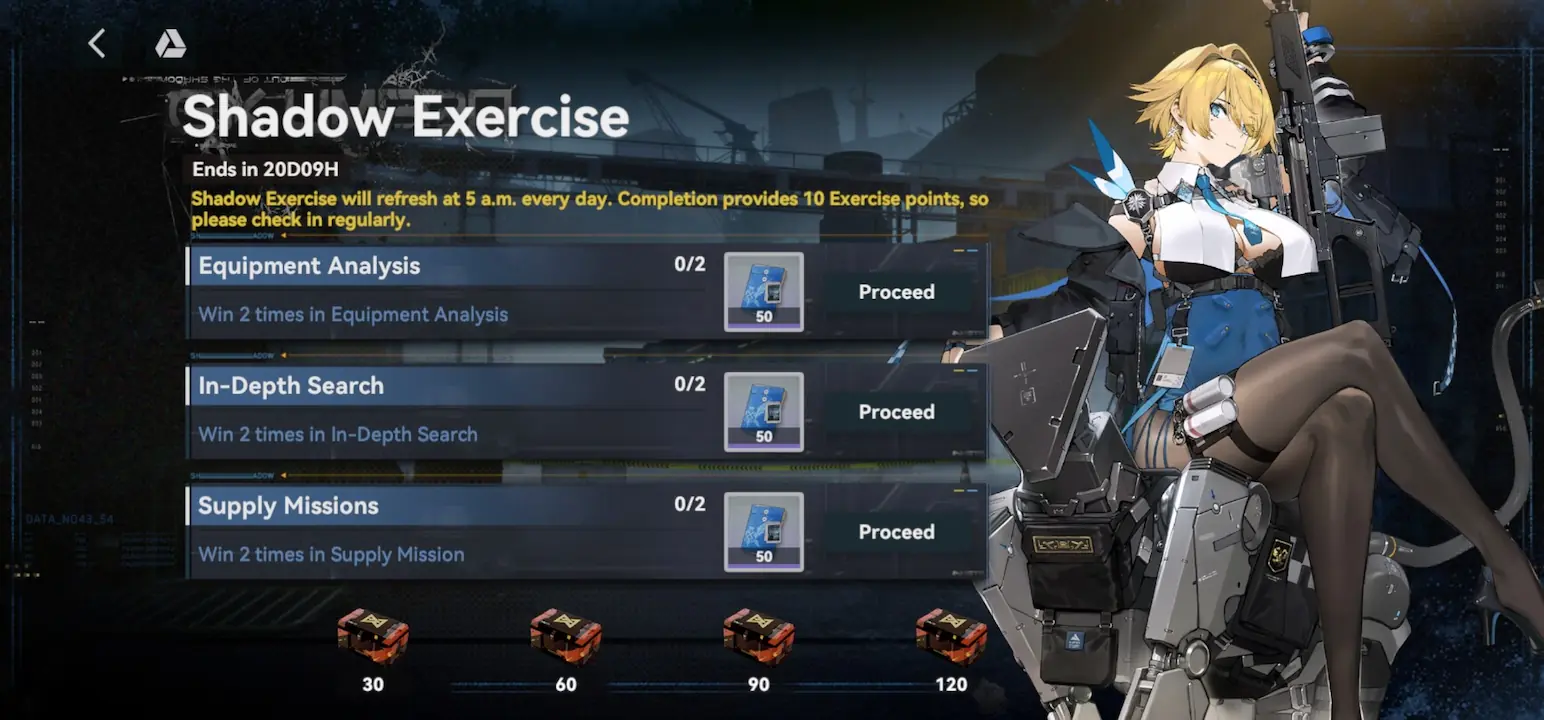 Shadow Exercise daily objectives screen in Girls’ Frontline 2 Ex Umbra, listing tasks for 50 event currency, with VSK sitting cross-legged on the right.