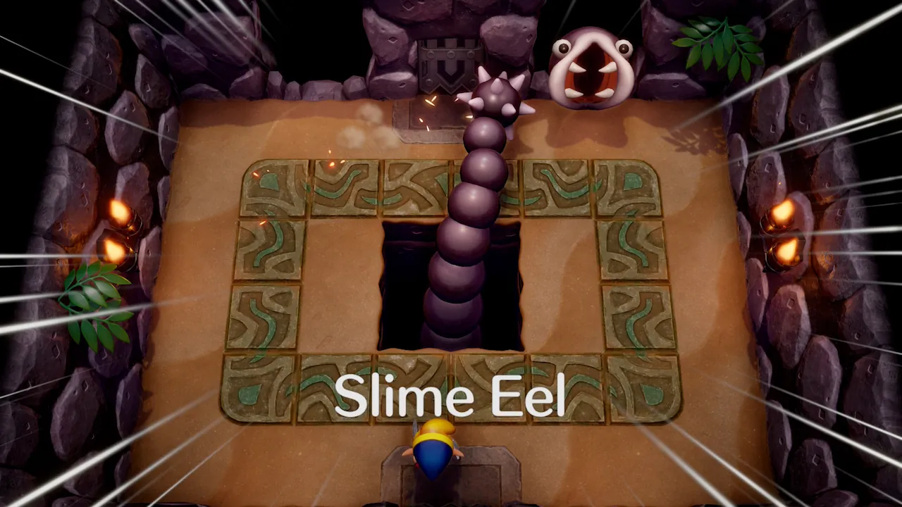 The Slime Eel emerges at the start of its boss battle in The Legend of Zelda: Link’s Awakening (2019)