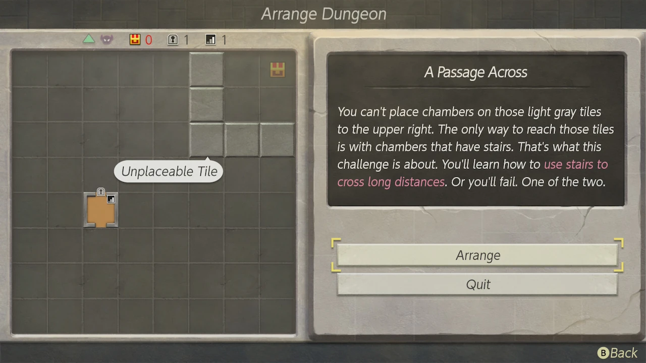 Arrange Dungeon screen in Link’s Awakening (2019) showing the creation of the A Passage Across dungeon