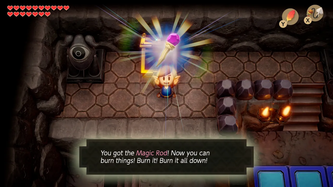 Link opens a chest in a dungeon and obtains the Magic Rod in The Legend of Zelda: Link’s Awakening (2019)