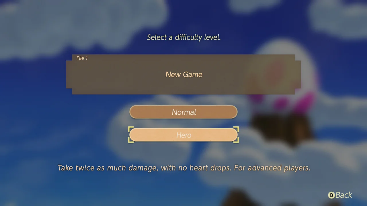 New Game screen in Link’s Awakening (2019) with Hero Mode highlighted, showing its description