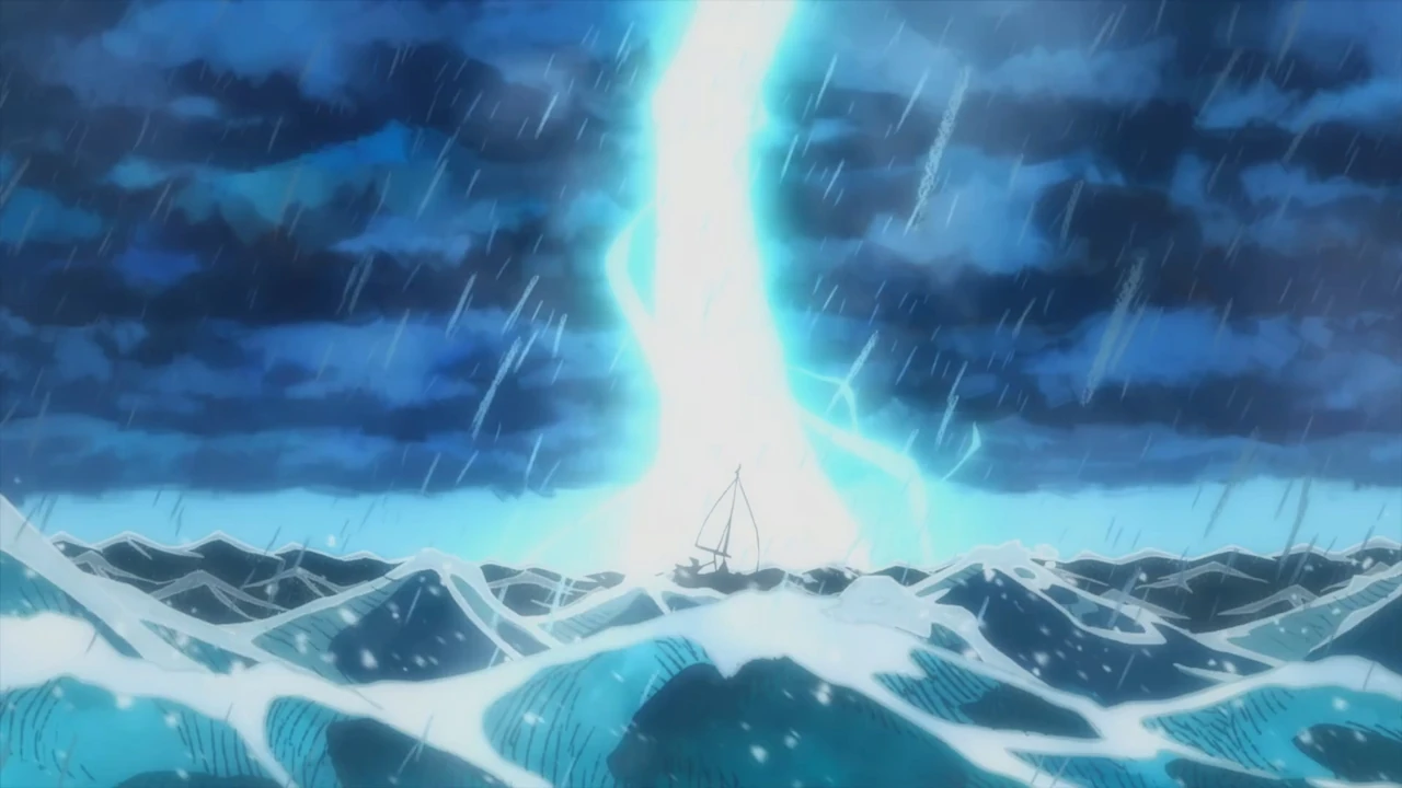 Lightning strikes Link’s boat in the animated intro cutscene of The Legend of Zelda: Link’s Awakening (2019)