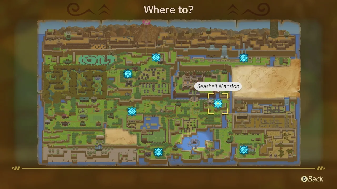 Map in Link’s Awakening (2019) showing warp points with Seashell Mansion highlighted