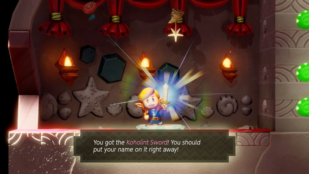 Link at the Seashell Mansion receiving the Koholint Sword in Link’s Awakening (2019)