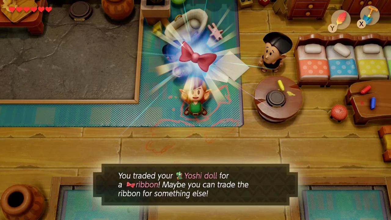 Trading quest in The Legend of Zelda: Link’s Awakening (2019), exchanging the Yoshi doll for a ribbon