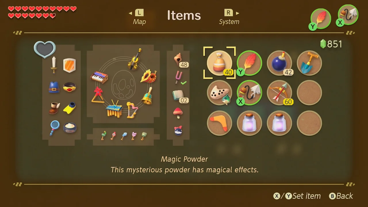 Items menu in The Legend of Zelda: Link’s Awakening (2019) showing the two-slot system with gear assigned to X and Y buttons