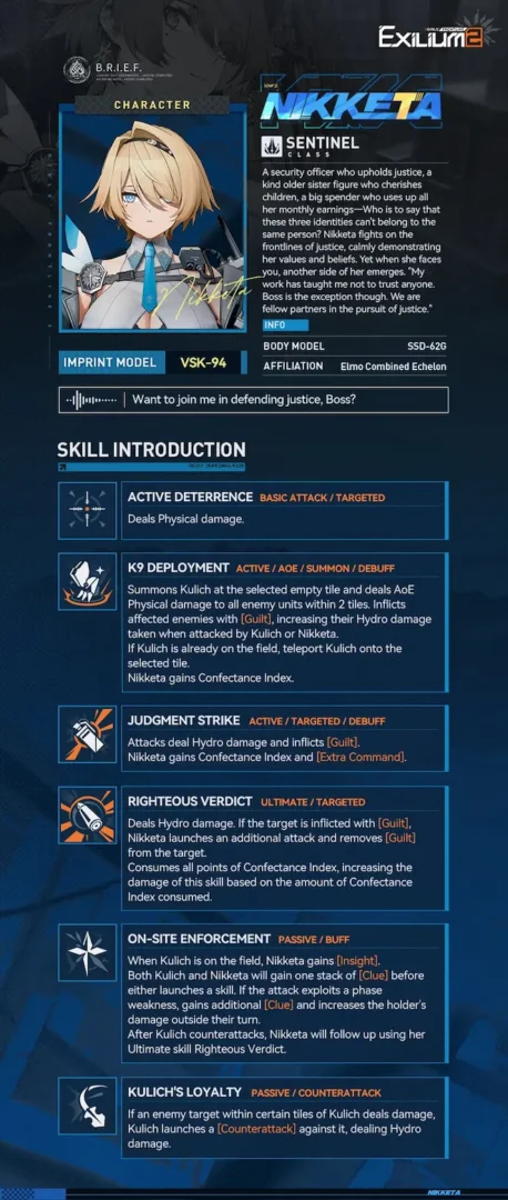 Technical skill breakdown for Nikketa (VSK-94) featuring Hydro damage and the Kulich summon in our Nikketa GFL2 guide.