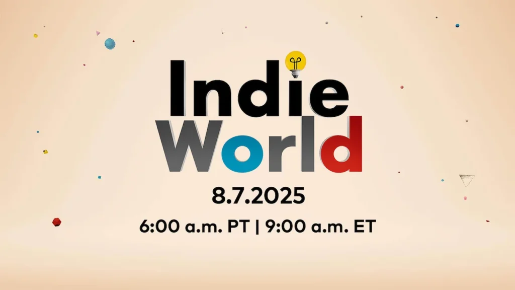 Nintendo Indie World logo with Joy-Con color styling, plus August 7 date and time