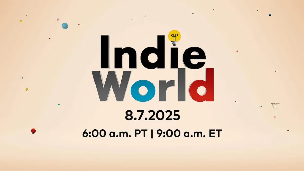 Nintendo Indie World logo with Joy-Con color styling, plus August 7 date and time