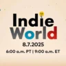 Nintendo Indie World logo with Joy-Con color styling, plus August 7 date and time