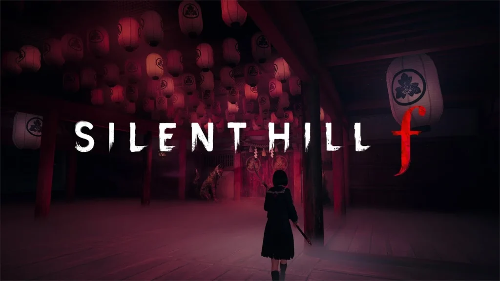 Silent Hill f story trailer key art with protagonist in shrine hallway