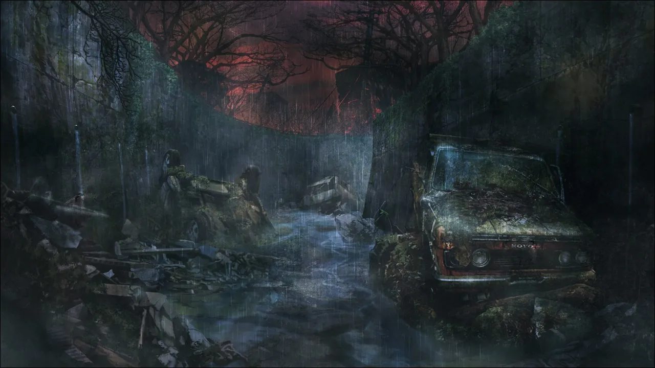 Steins;Gate 0 warzone artwork by huke with smoky blues, reds, and grays