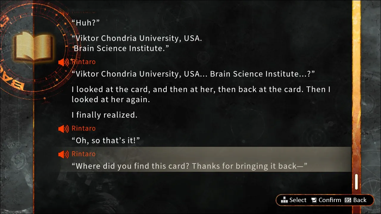 Steins;Gate 0 backlog feature showing previous dialogue lines