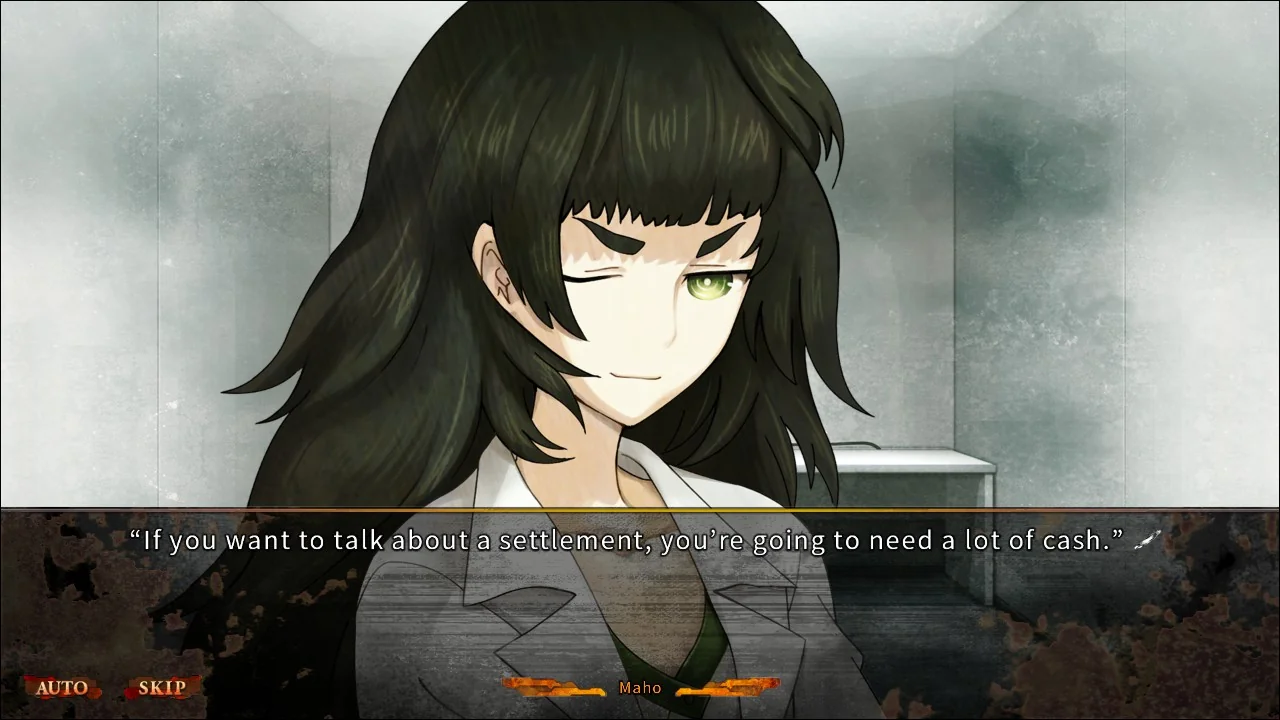 Steins;Gate 0 Maho winking and saying "If you want to talk about a settlement, you're going to need a lot of cash"