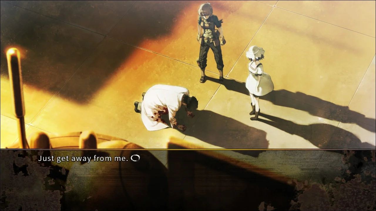 Okabe kneeling on rooftop, saying "just get away from me"