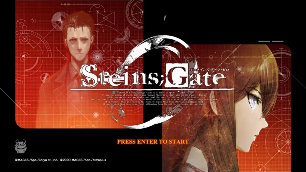 Okabe and Kurisu with Steins;Gate 0 logo on reddish orange background
