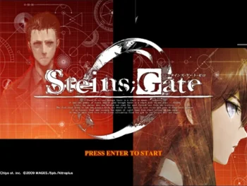 Okabe and Kurisu with Steins;Gate 0 logo on reddish orange background