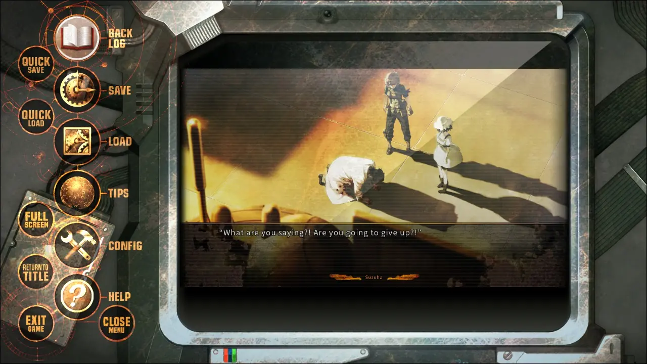 Steins;Gate 0 pause menu with current scene visible in background