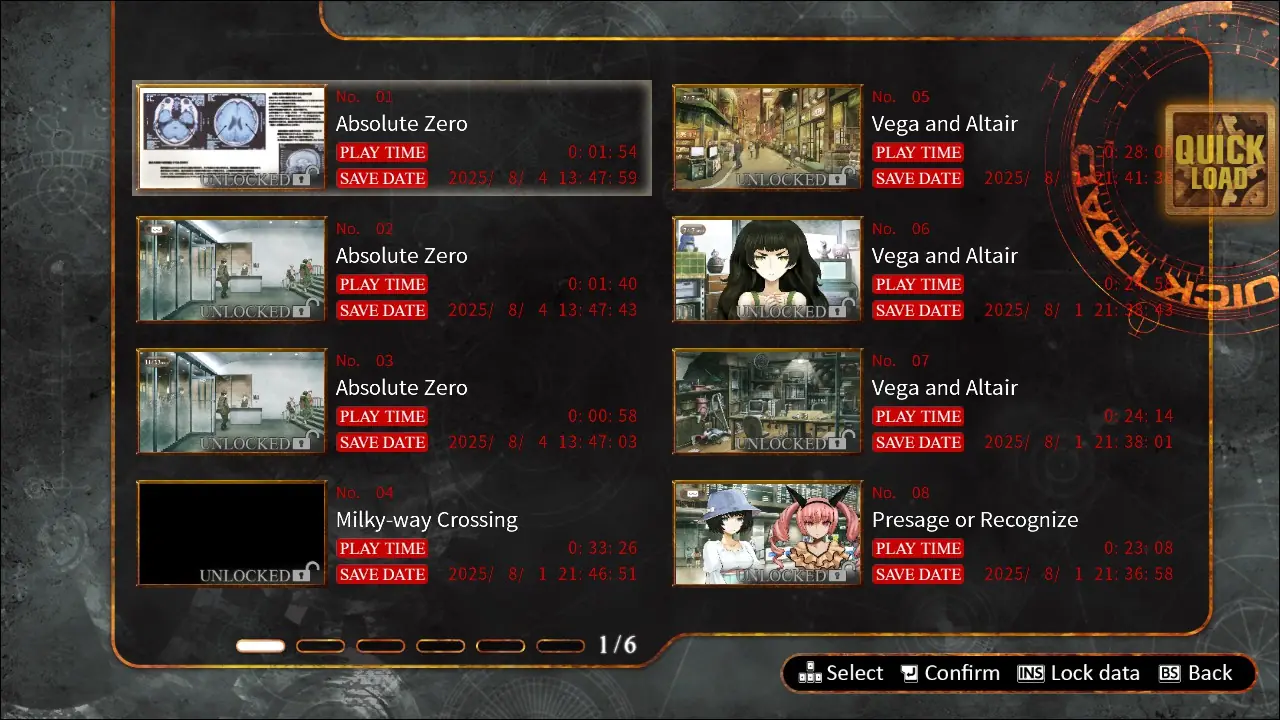 Steins;Gate 0 quick load and save slots menu