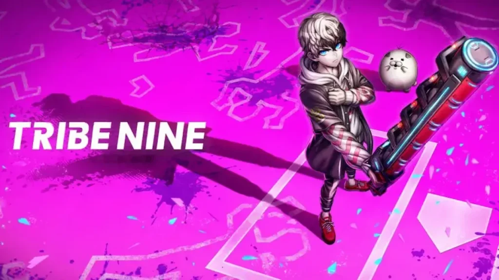Tribe Nine key art showing main character holding a baseball bat with the game logo on a pink background.