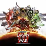 Warhammer 40K Dawn of War IV key art featuring Space Marines, Orks, and Eldar in battle.