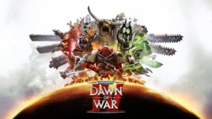 Warhammer 40K Dawn of War IV key art featuring Space Marines, Orks, and Eldar in battle.